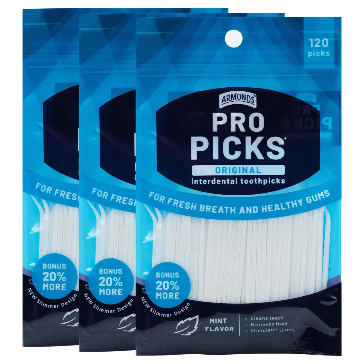Three resealable pouches of mint-flavoured plastic dental picks, 120 per pack