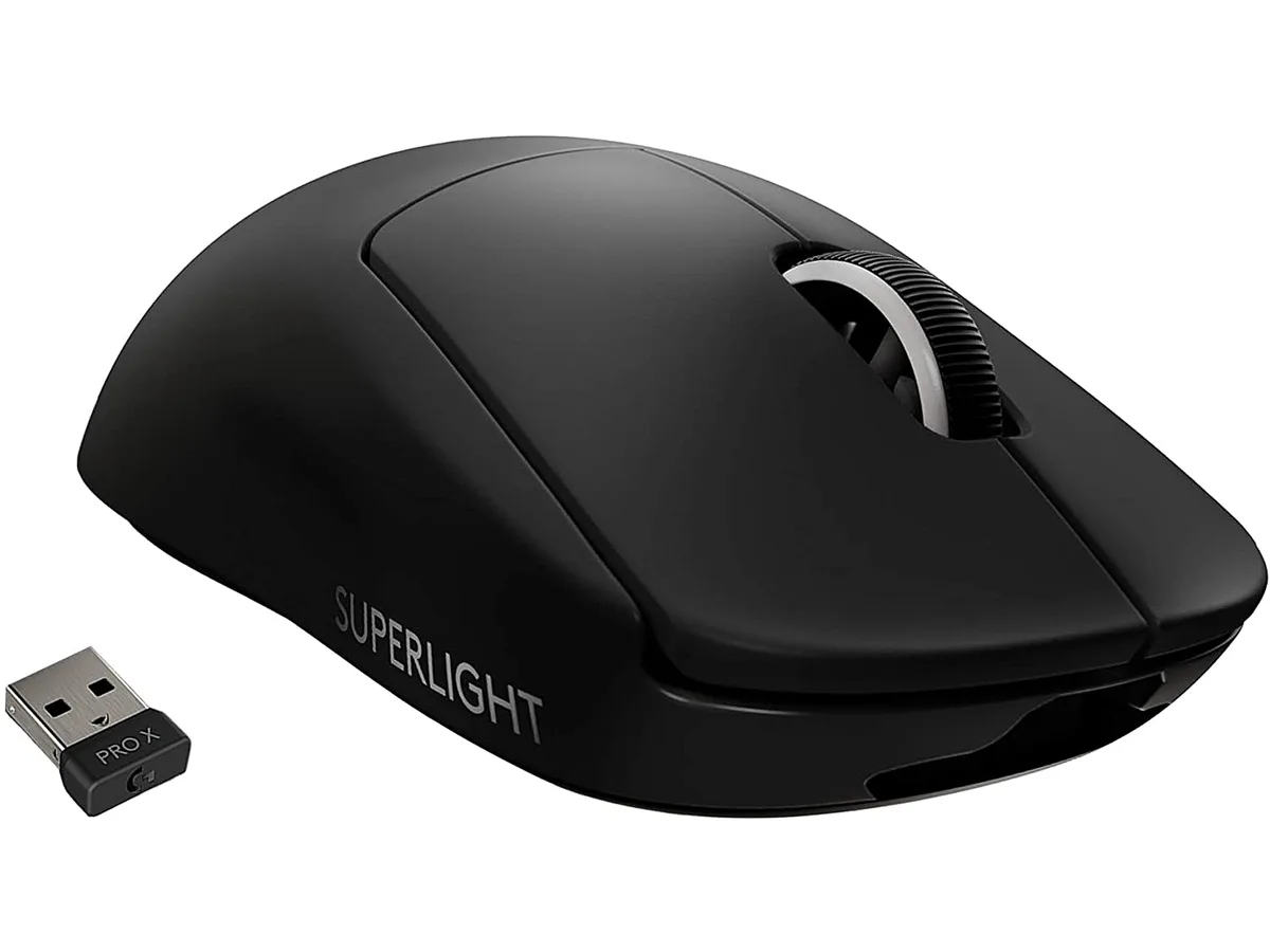 Black right-handed wireless gaming mouse, ultra-light under 63 grams, five buttons, scroll wheel, PTFE feet, HERO 25K sensor
