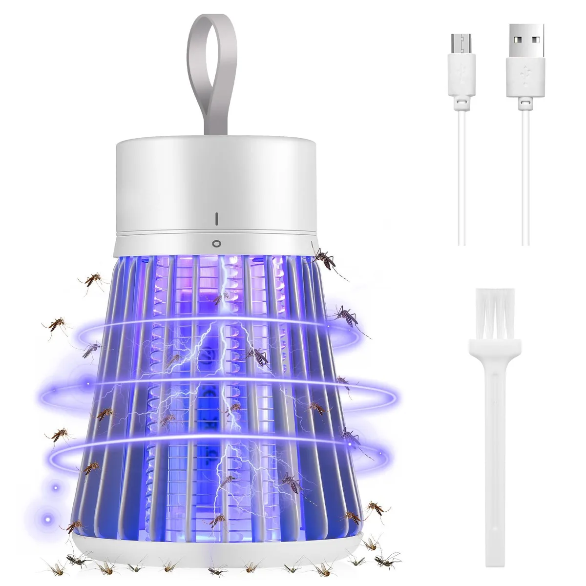 Yellow plastic handheld bug zapper with purple LED grid and hanging hook