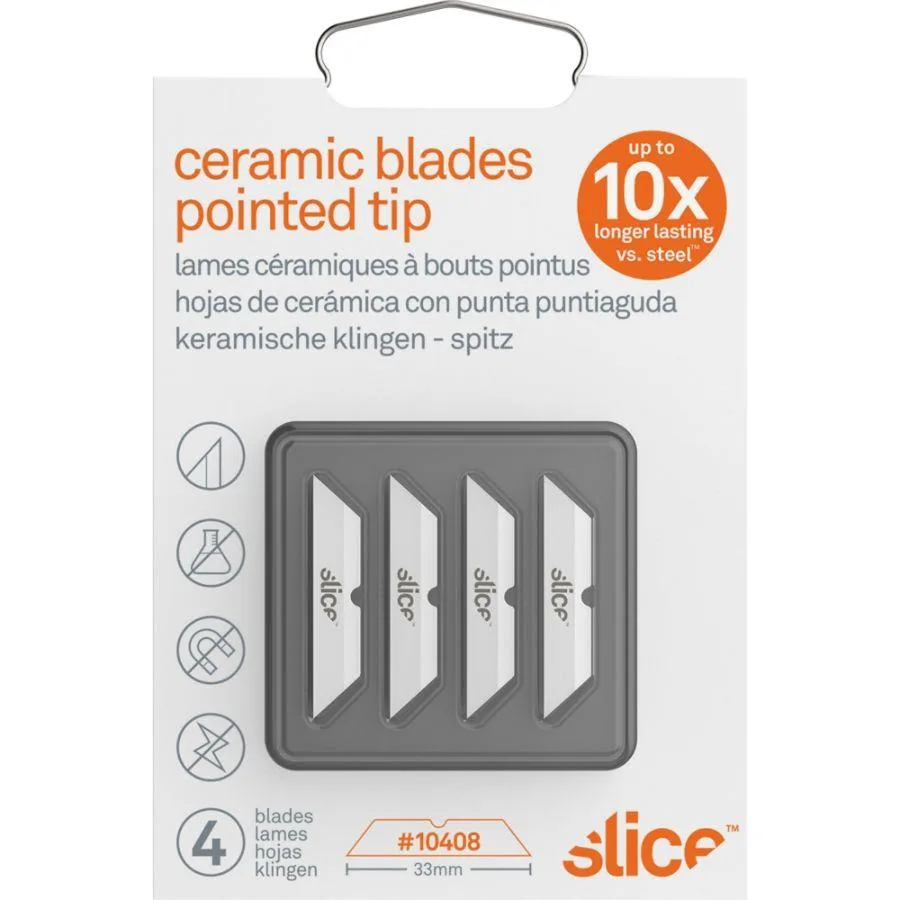 Four white pointed-tip ceramic blades in a pack