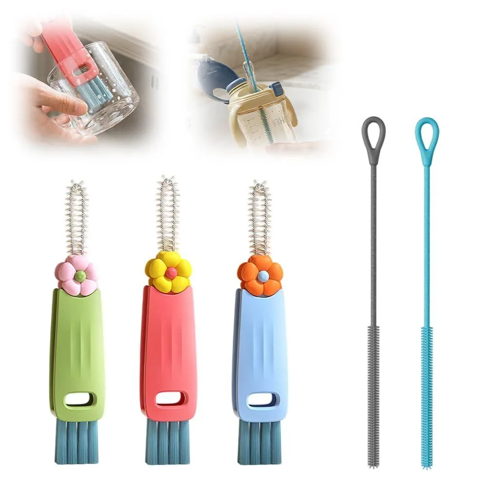 Three-piece cleaning set with 3-in-1 cup lid brush and two flexible silicone straw brushes