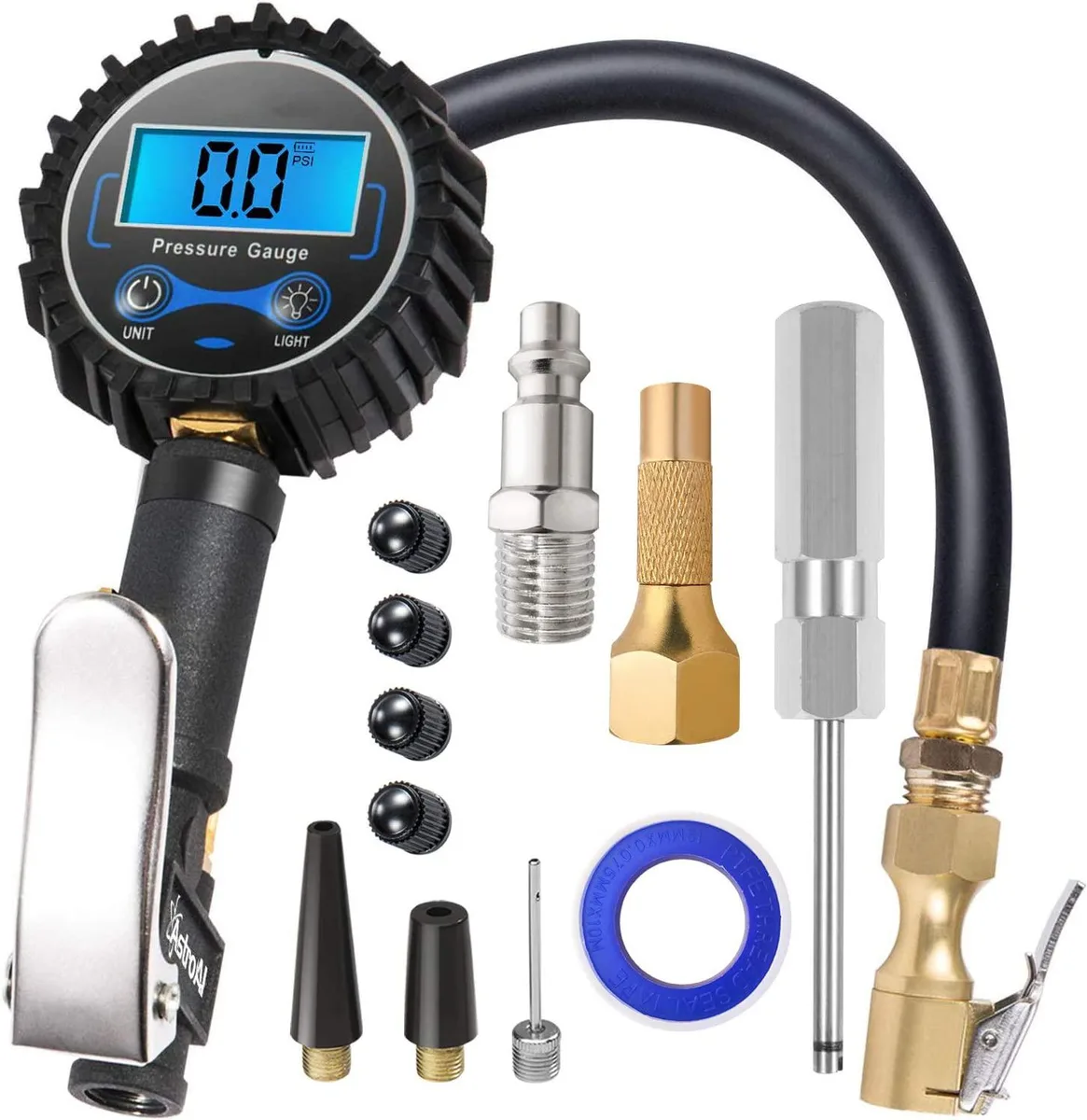 Corn Electronics digital tire inflator gauge with brass chuck, rubber hose and backlit display