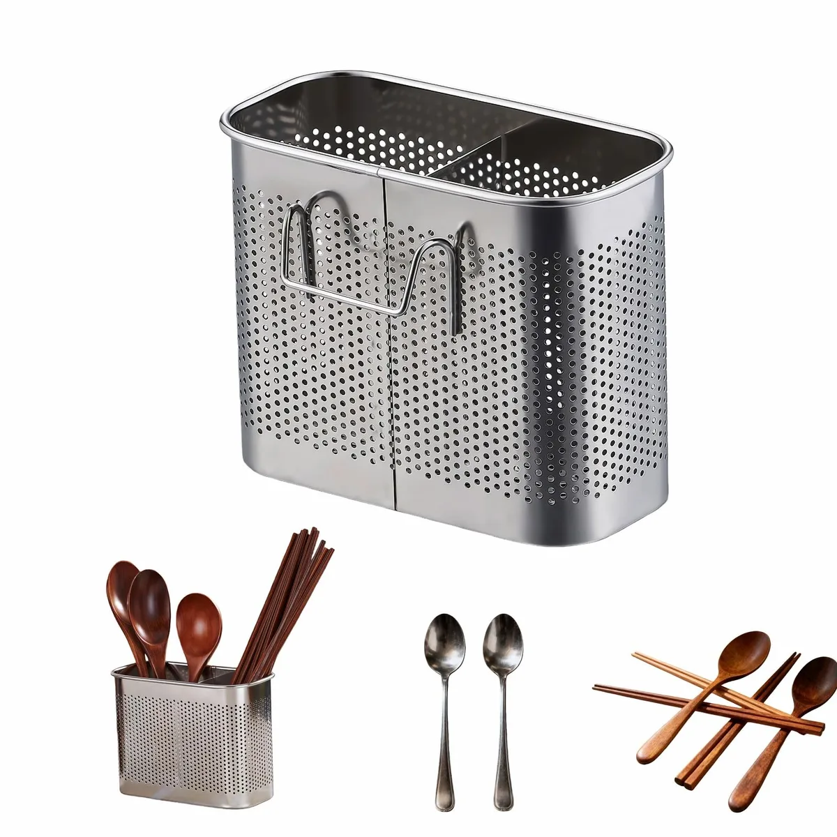 304 stainless steel two-tier utensil drainer with hooks, brushed finish, perforated sides and base