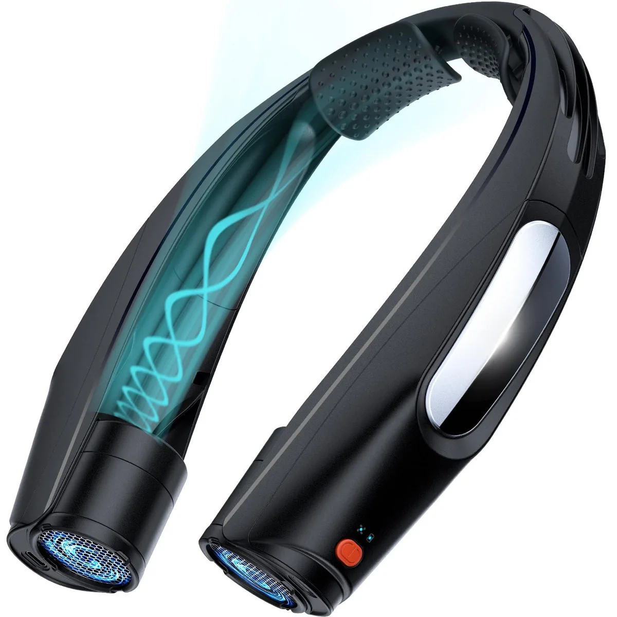 Black wearable neck fan with metallic finish and silicone padding, U-shaped design resting on shoulders