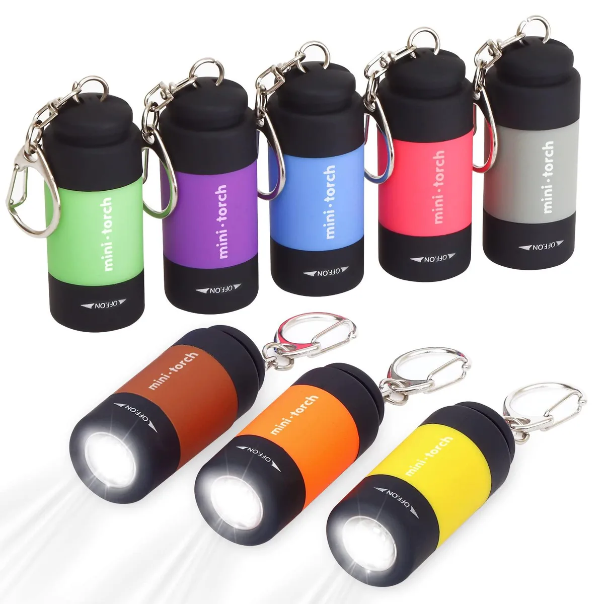 Eight tiny keychain flashlights in assorted colours, ABS plastic bodies with USB plugs exposed