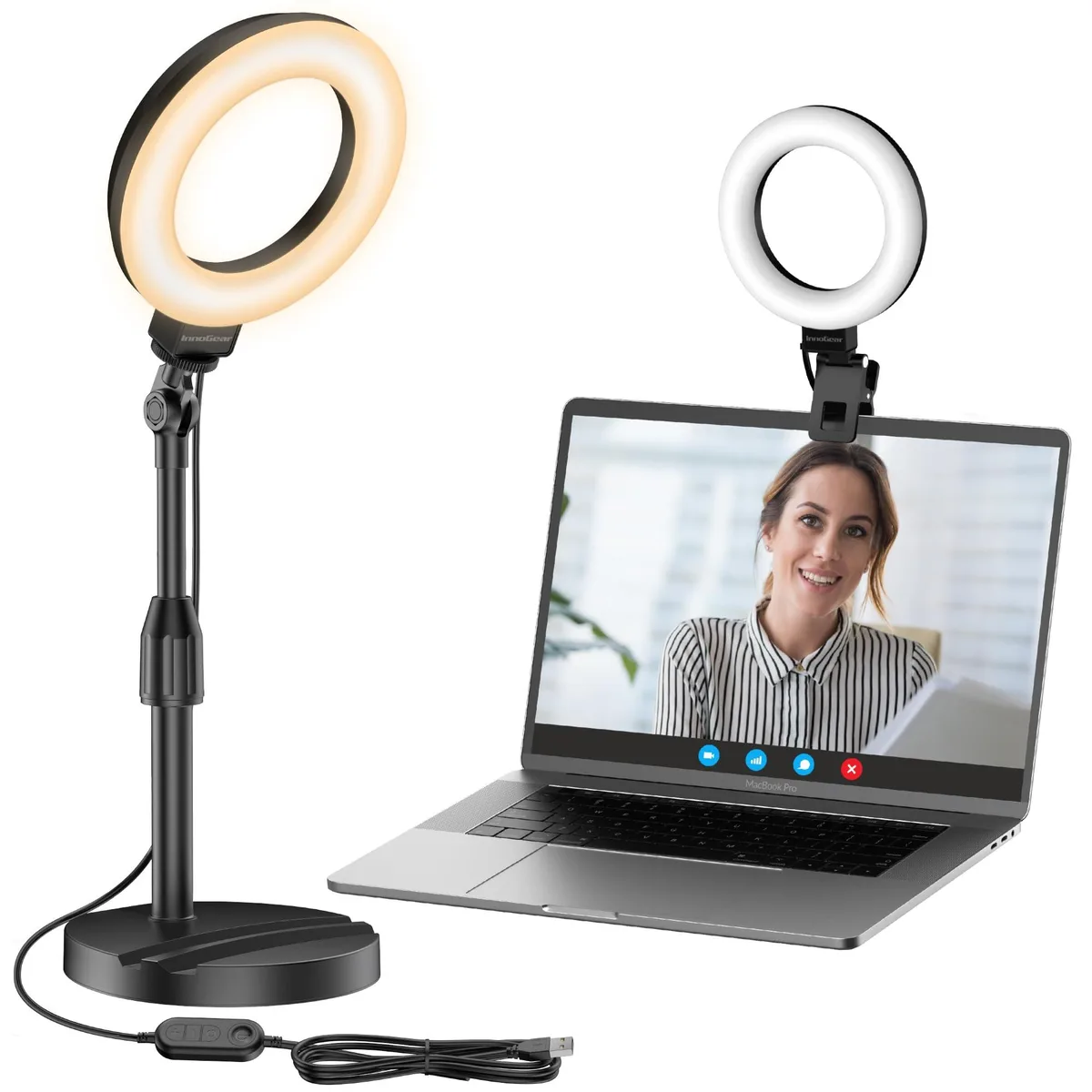 Black circular LED ring light on telescopic stand with weighted base and monitor clip