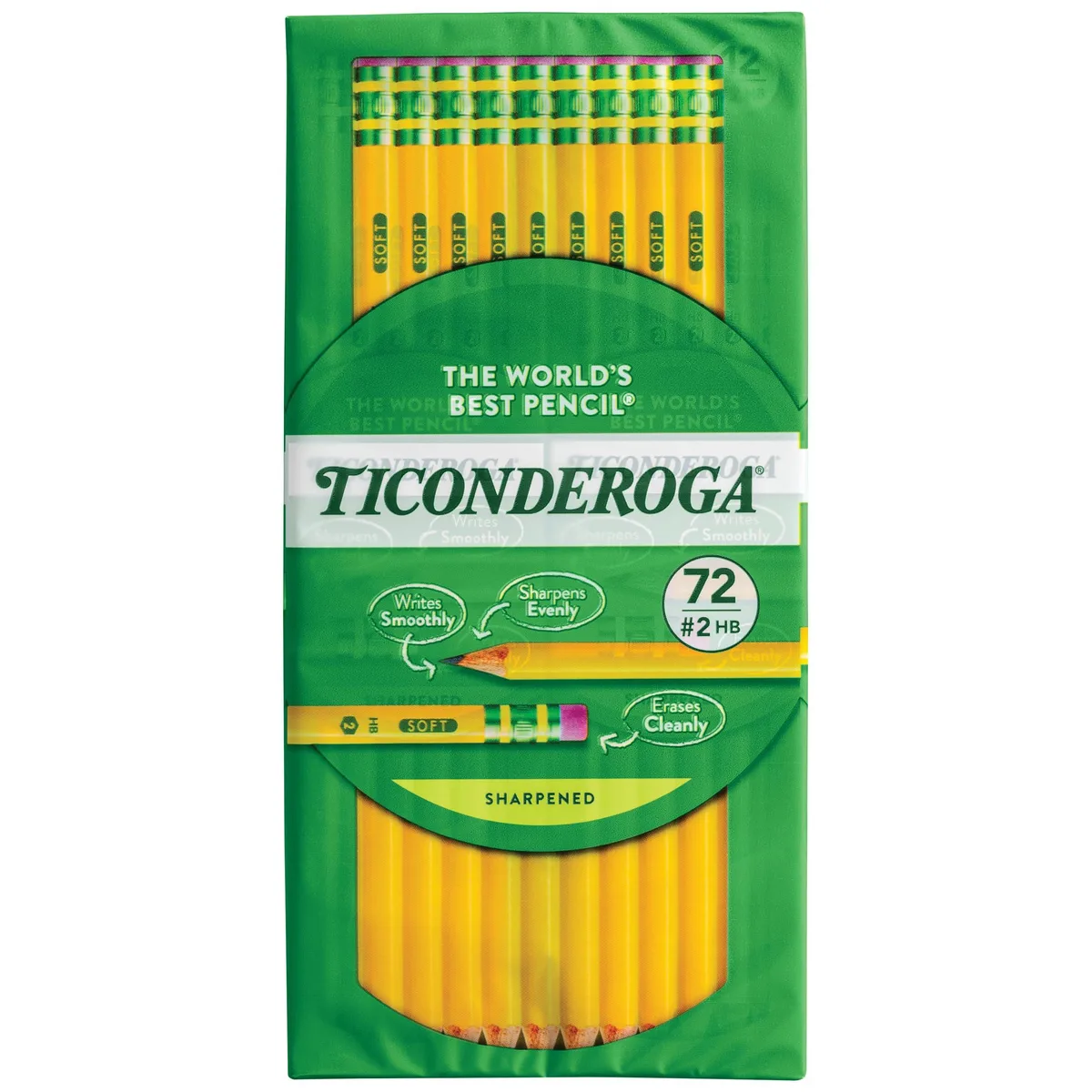Box of 72 yellow hexagonal wood-cased graphite pencils with green and gold ferrules and pink erasers
