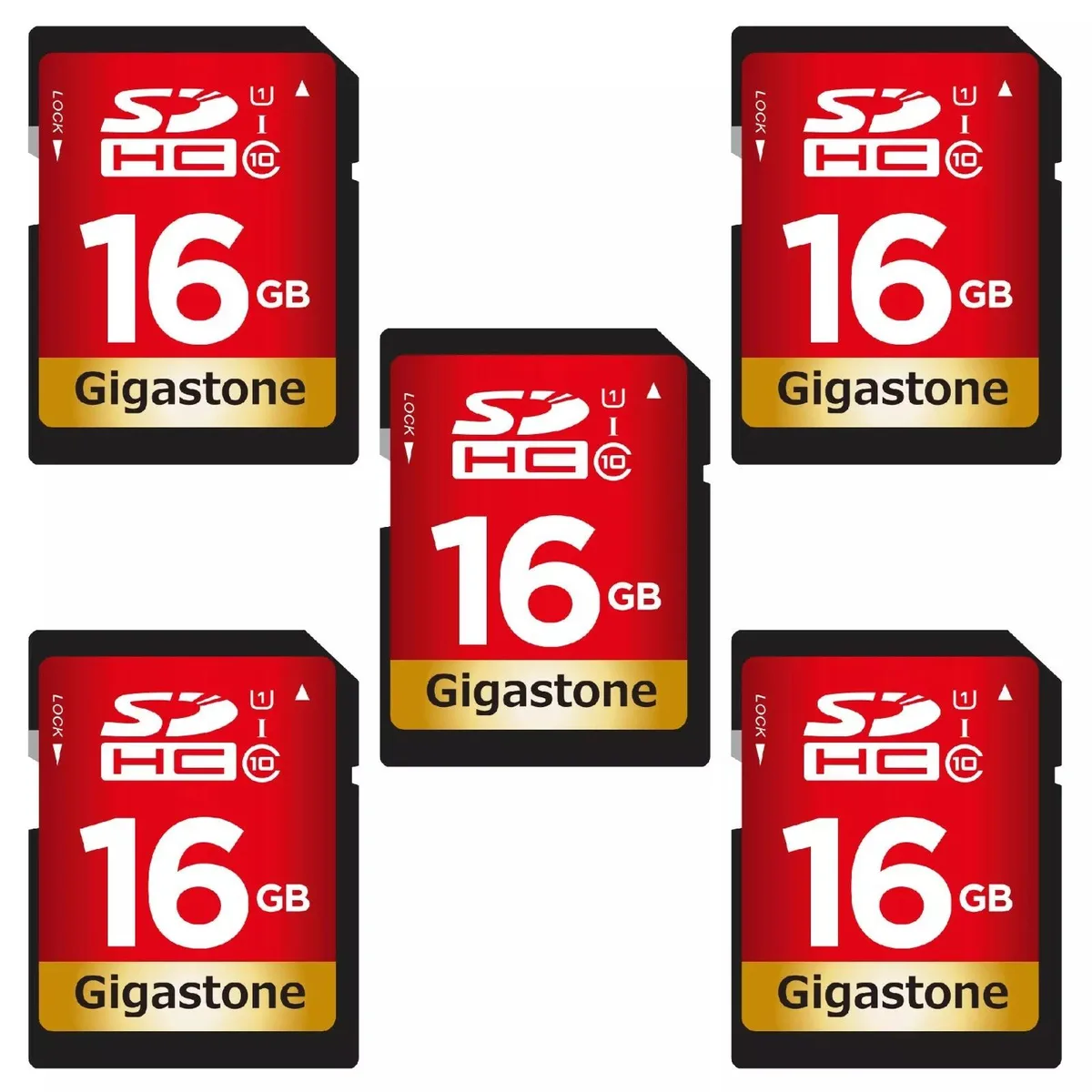 Gigastone Corporation Gigastone Corporation 16GB SDHC 5 Pack 80MB/s Class 10 U1 UHS-I with 5 mini cases — product photo