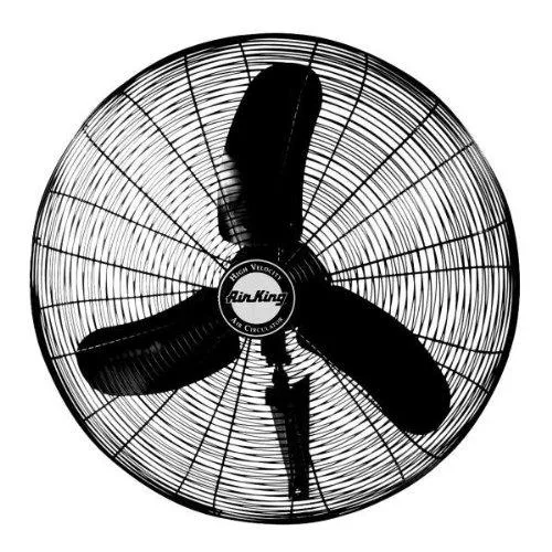 Large silver industrial floor fan with wire grille and three-speed dial