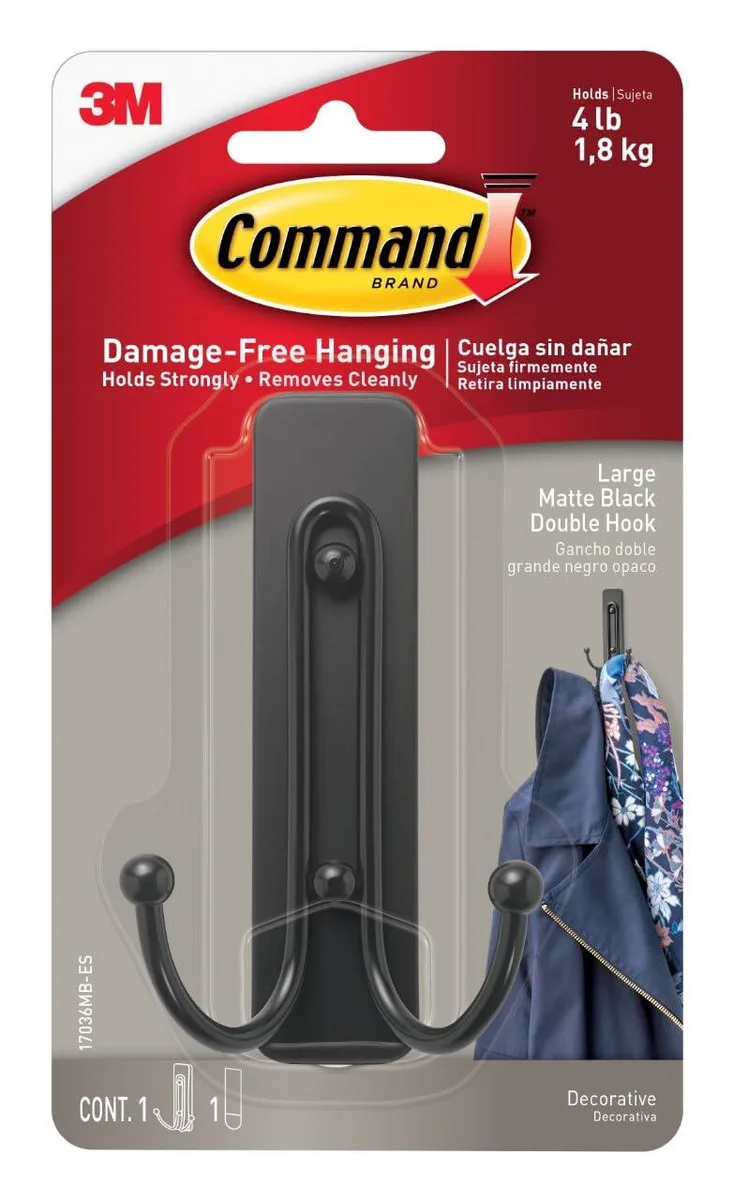Matte black double hook with adhesive strip, damage-free mounting