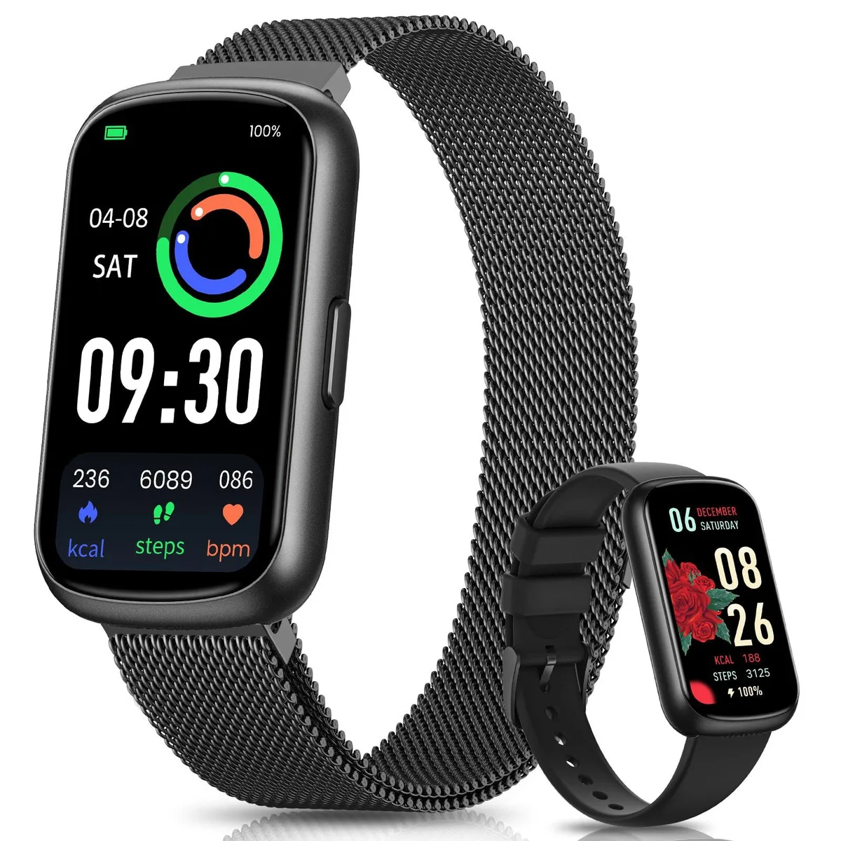 Black rectangular smartwatch with 1.47 inch screen, silicone and metal straps