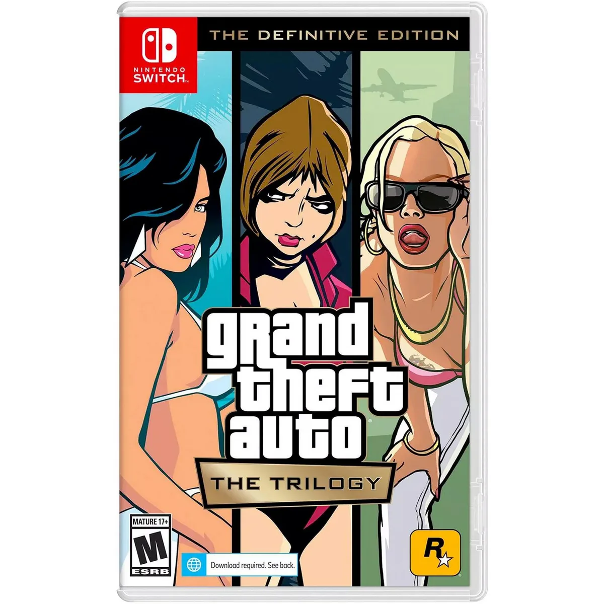 Nintendo Switch game cartridge in a red case with Grand Theft Auto Trilogy artwork