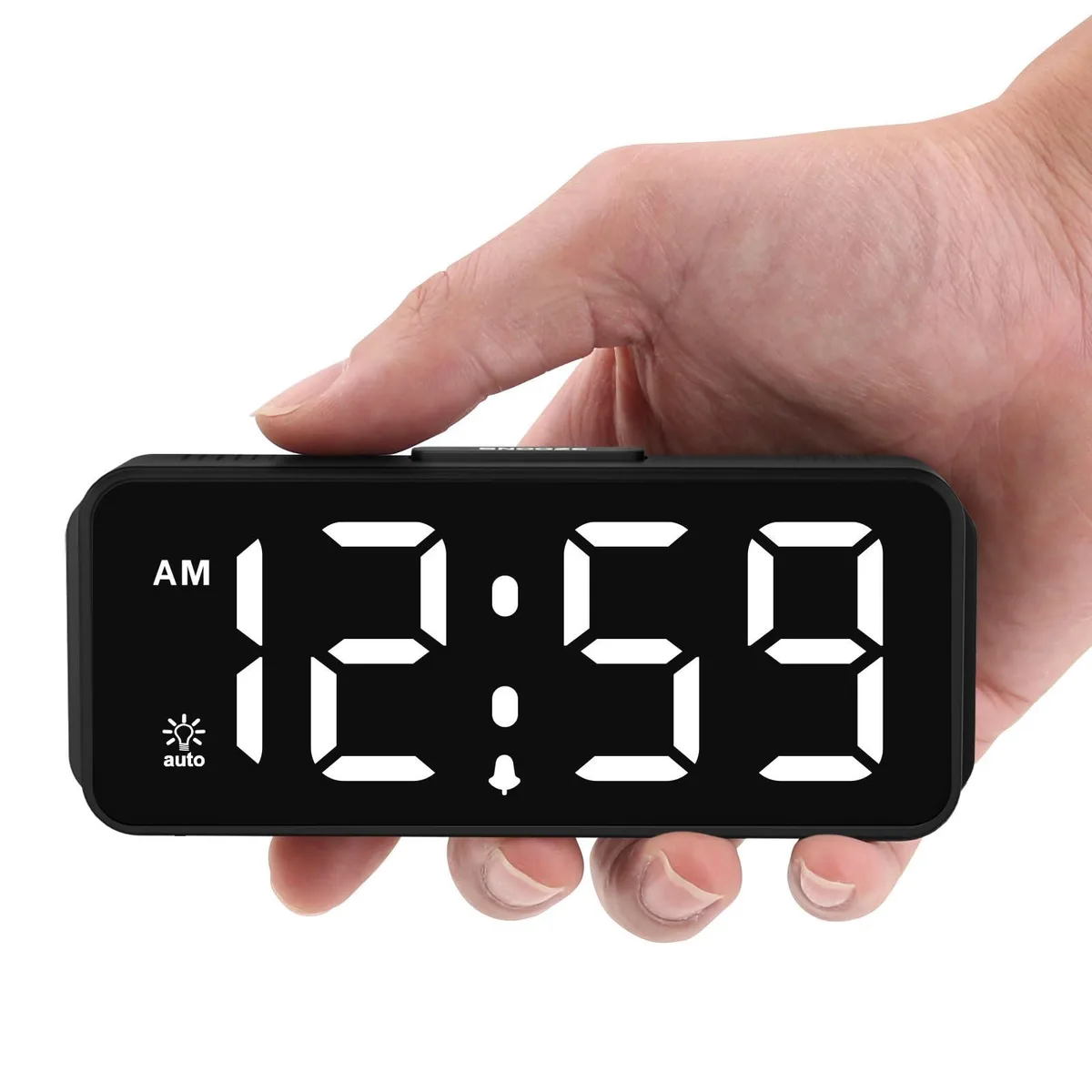 Compact rectangular alarm clock with large 1.65 inch display and minimalist matte finish