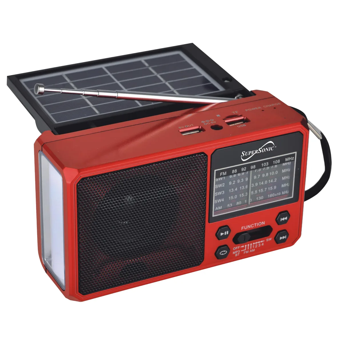 SUPERSONIC SUPERSONIC SC-1180BTRED radio Bluetooth 6.0 AM/FM/SW1-4 solar USB-C LED flashlight 360° antenna red — product photo