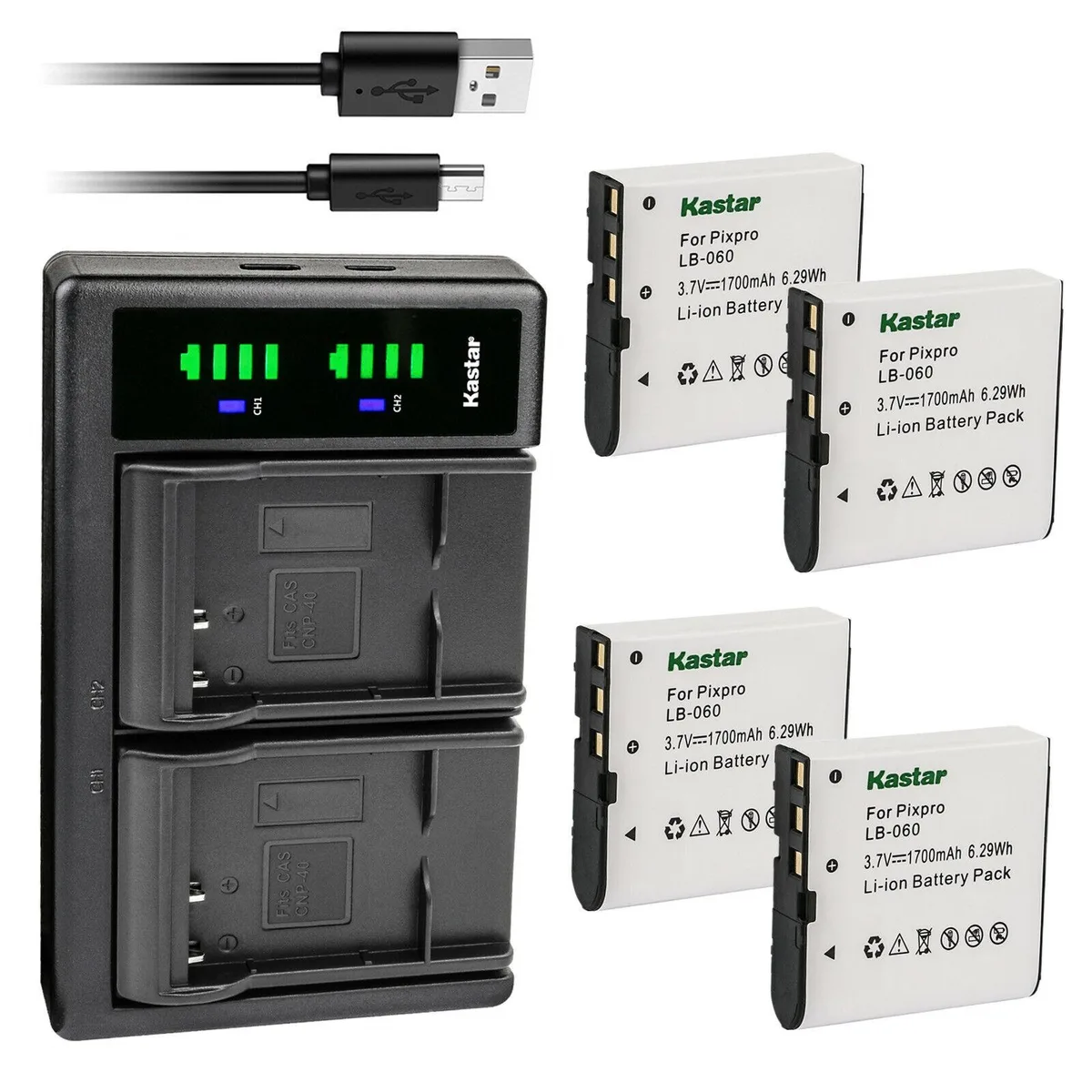 Kastar Kastar LB-060 4-Pack Battery &amp; LTD2 USB Charger for Rekam BIZZARO HDC-2531 2532 PREZIO HDC-3531 3533 3535 — product photo