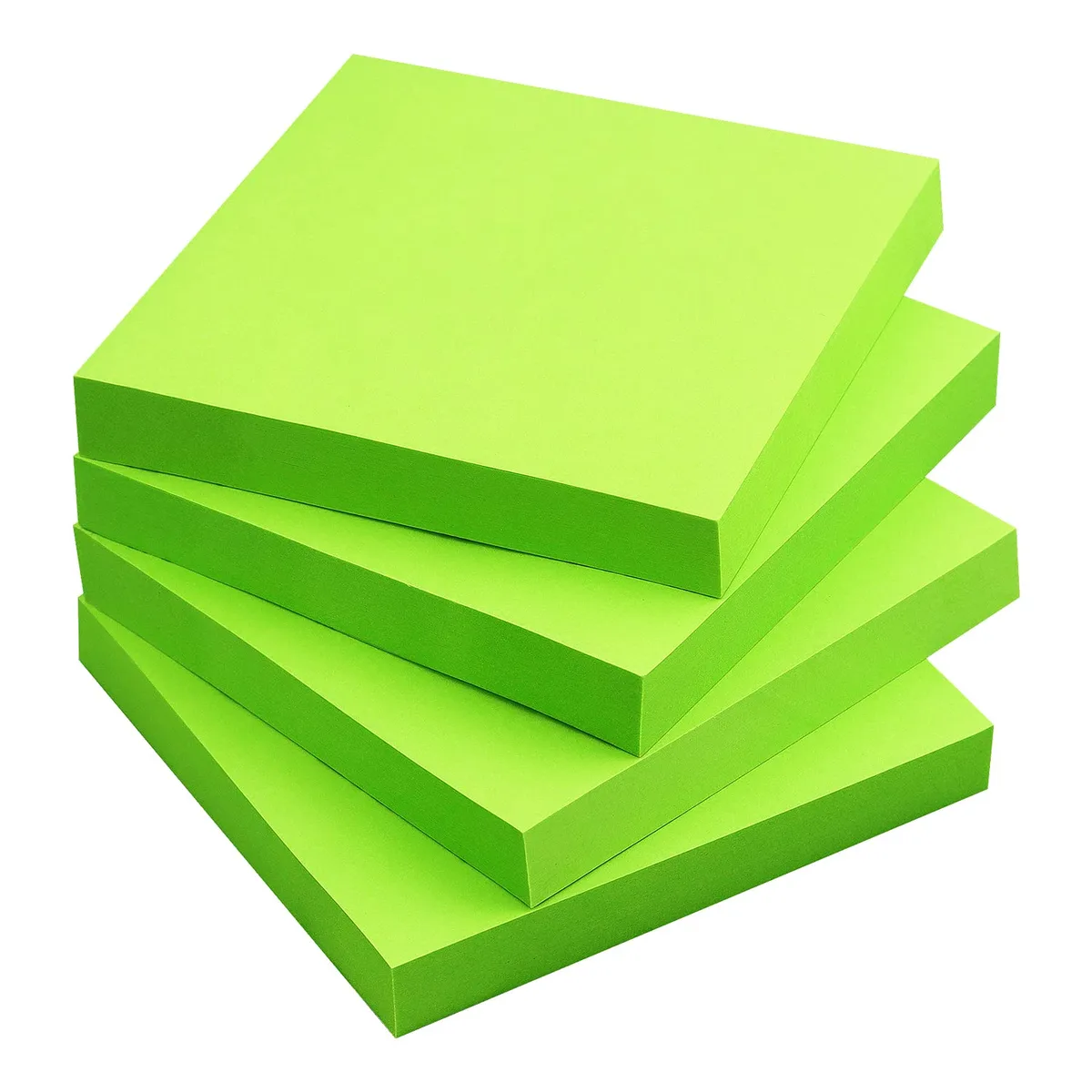 Four square green sticky-note pads, 3 by 3 inches, 100 sheets each