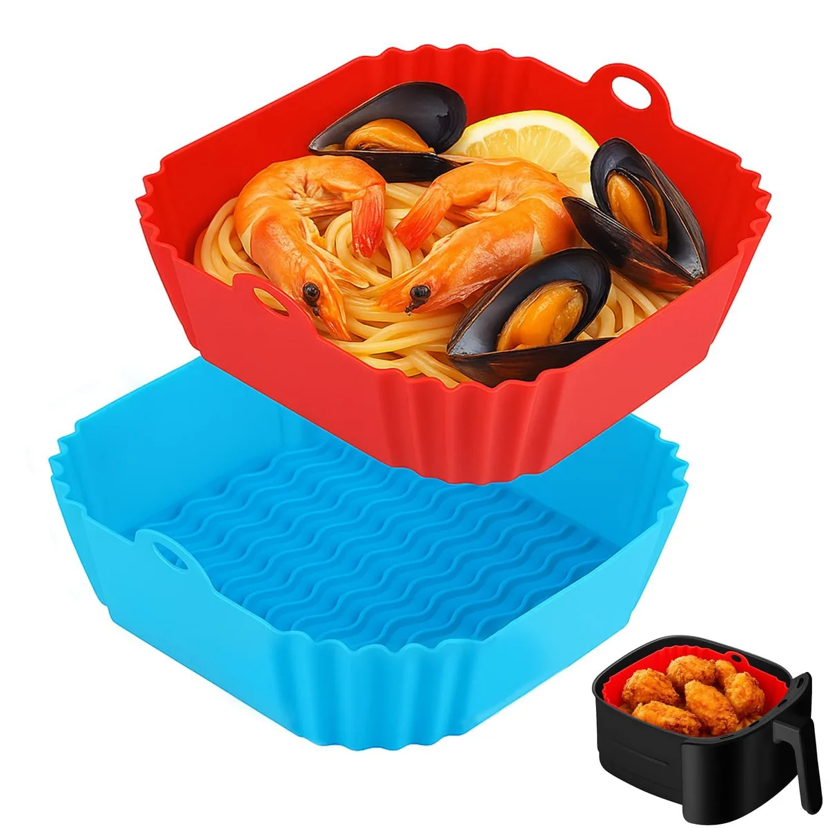Two square silicone air fryer liners, one red and one blue, with raised lines on the base
