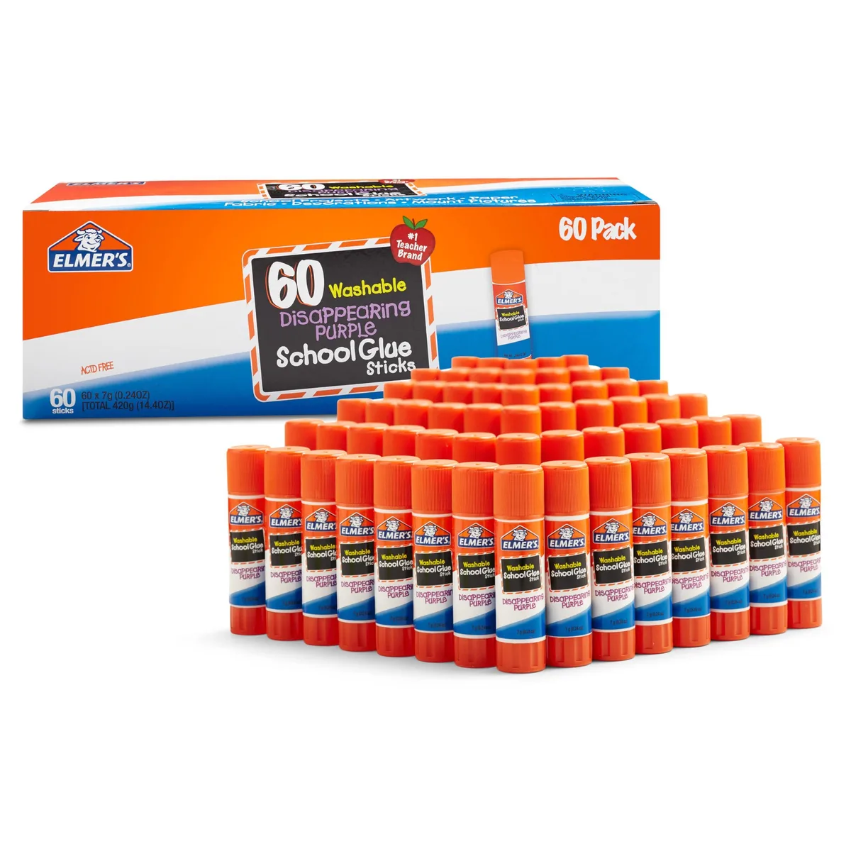 Cardboard box holding sixty small purple glue sticks