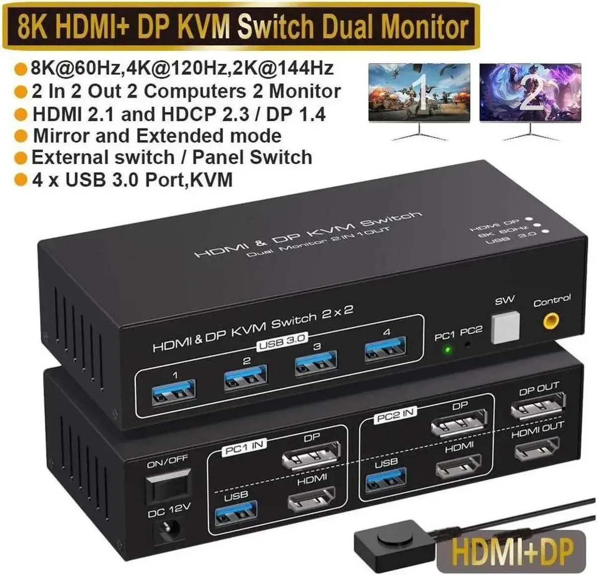 Vszerda Vszerda Dual Monitor HDMI DP KVM Switch 2 PCs 4 USB 3.0 8K 60Hz 4K 120Hz Wired Remote — product photo