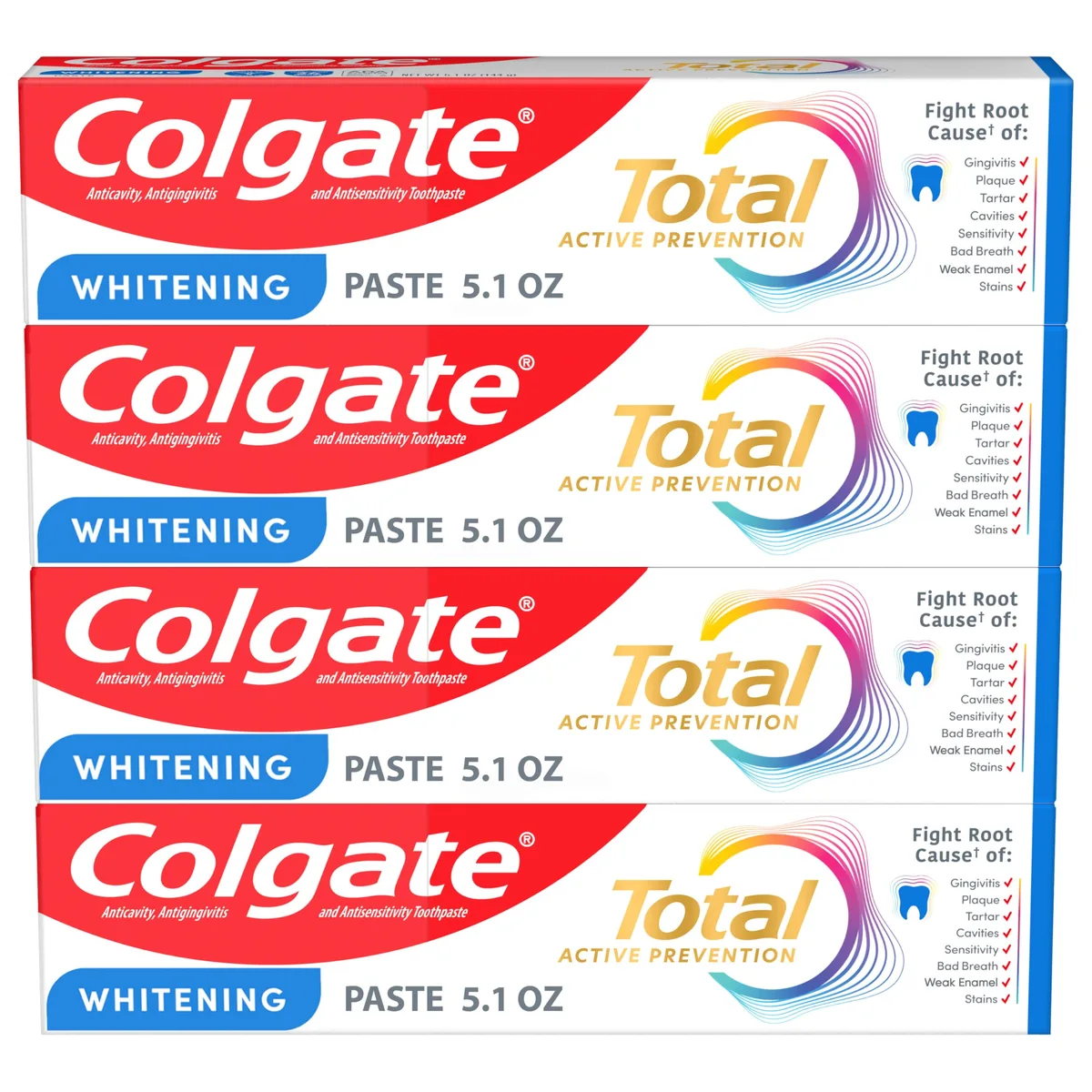 Four white 5.1 oz toothpaste tubes in a row