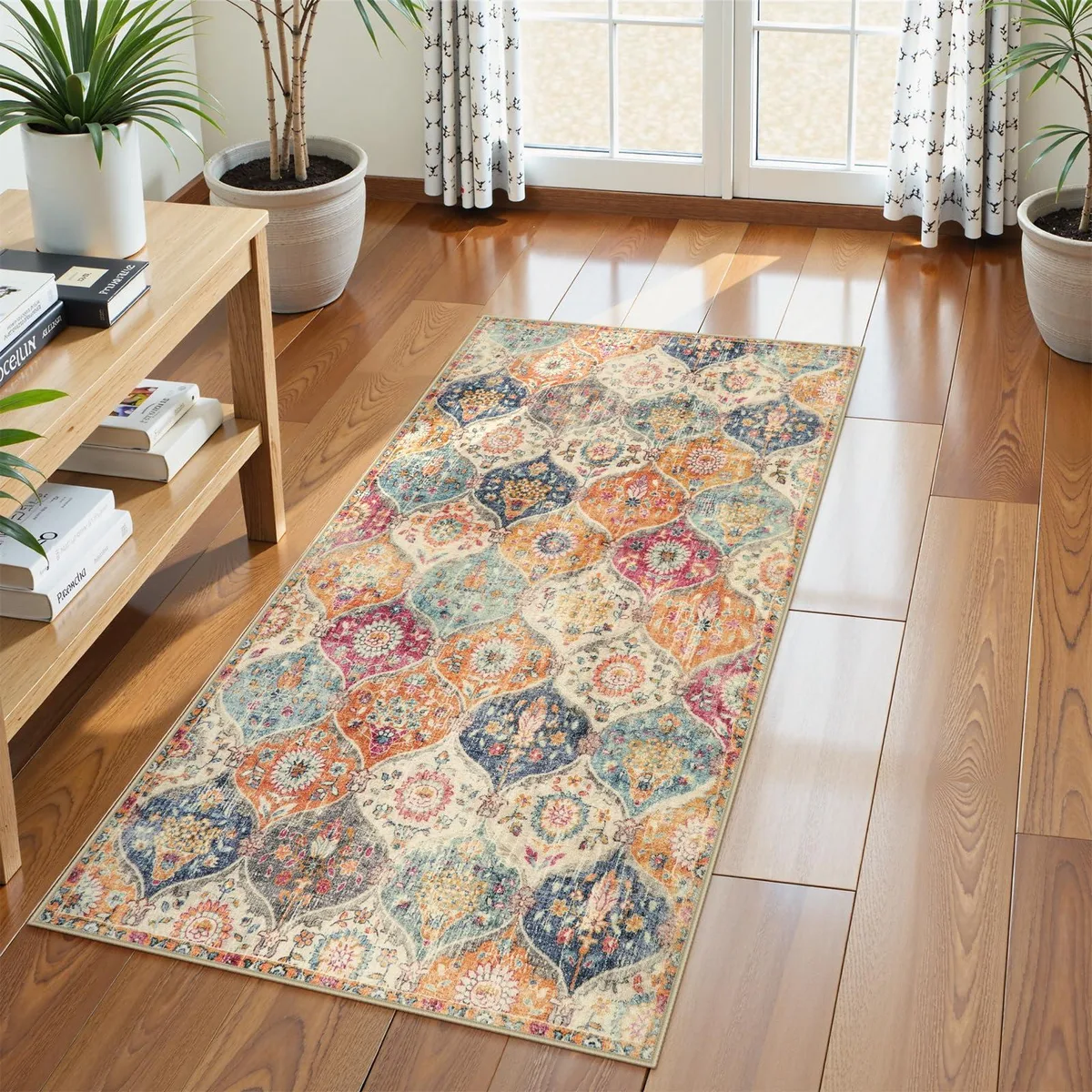Rectangular cream and multi-coloured Moroccan trellis rug, ultra-thin low pile, non-slip backing