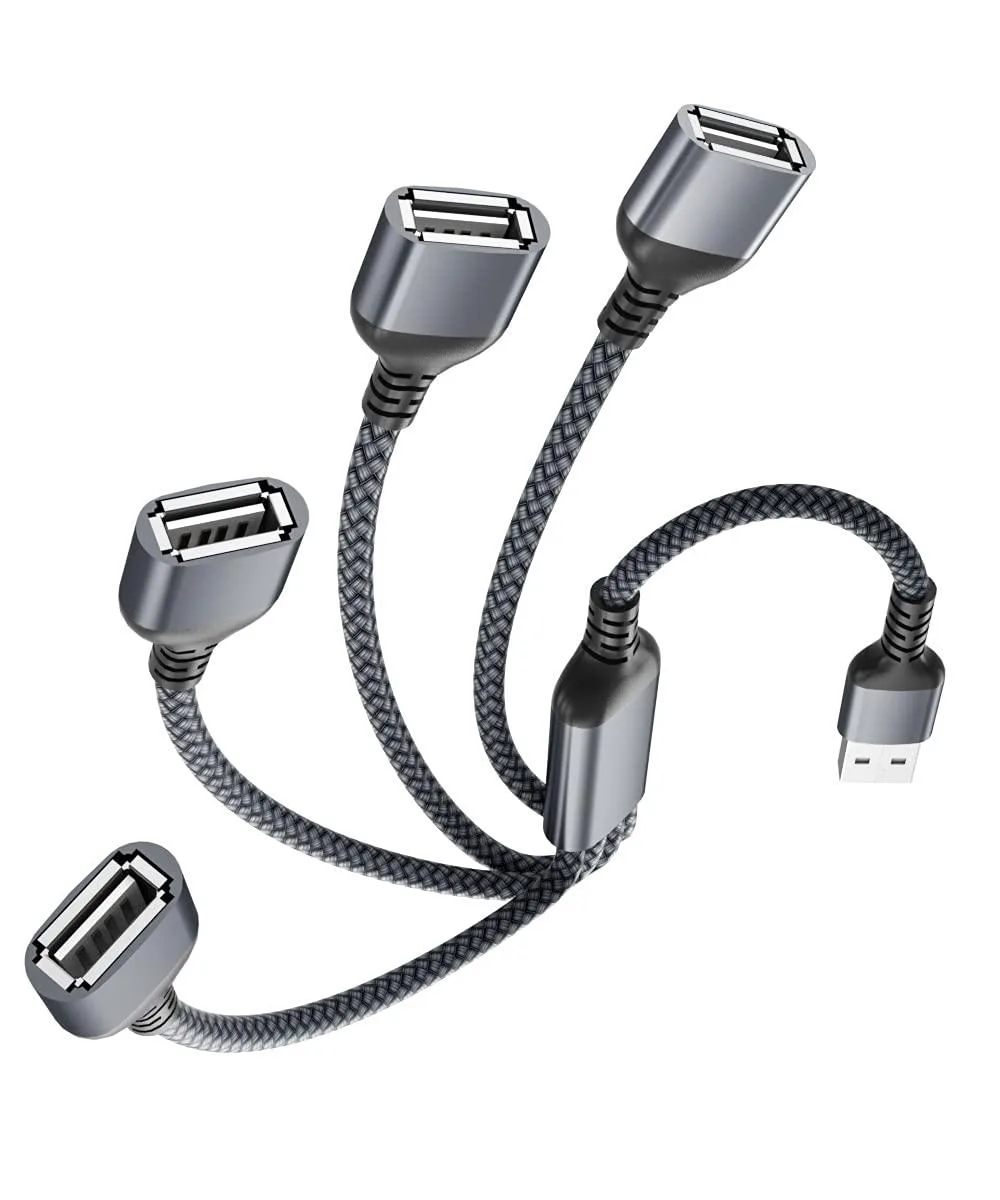 Grey USB-A splitter cable with four ports and braided nylon sleeve