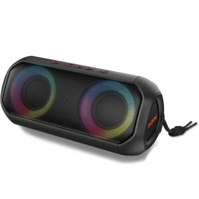Black rectangular portable speaker with glowing woofers and IP66 rating