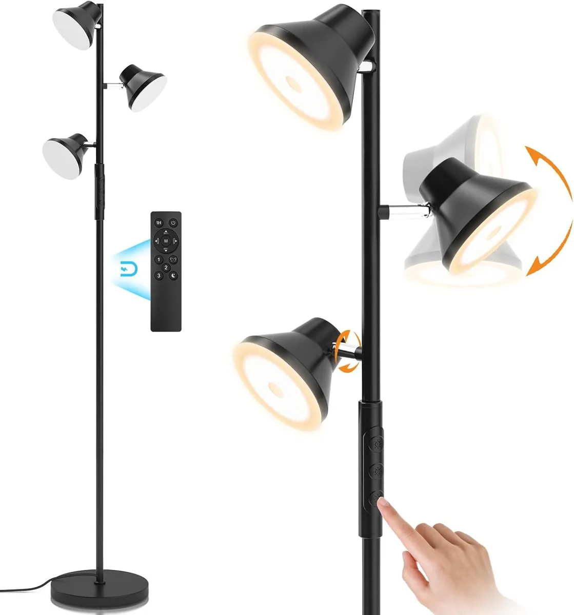 Tall silver floor lamp with three adjustable LED heads on a round base