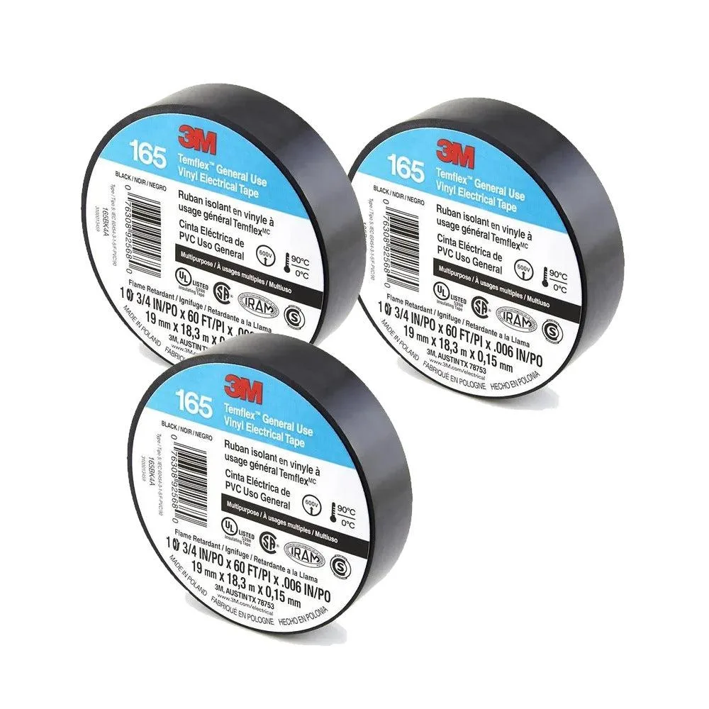 3M 3M Temflex Vinyl Electrical Tape 165 3/4" 60FT Black 3 Pack car electronics accessory — product photo