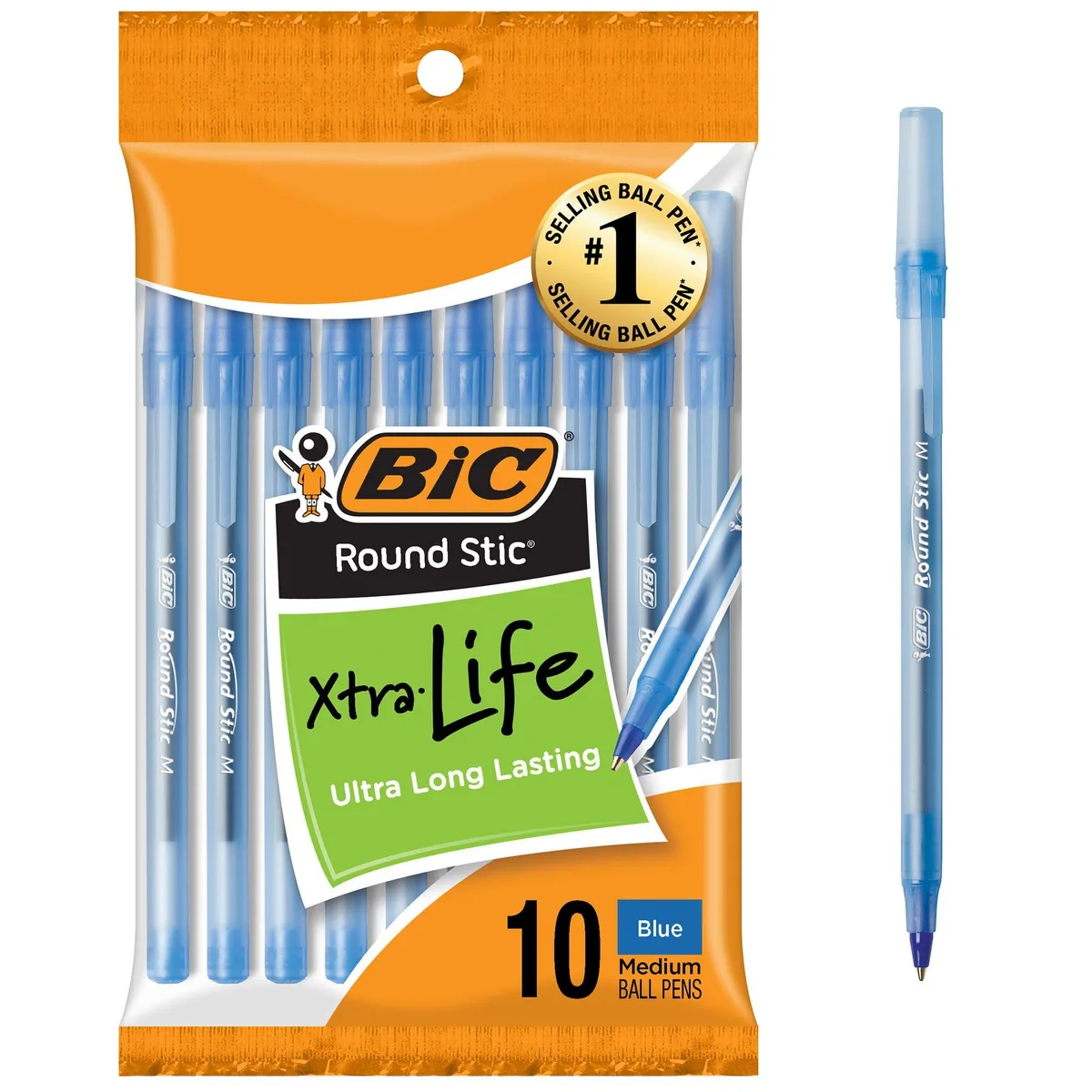 Blue ballpoint pens, ten pack, translucent barrels with frosted caps