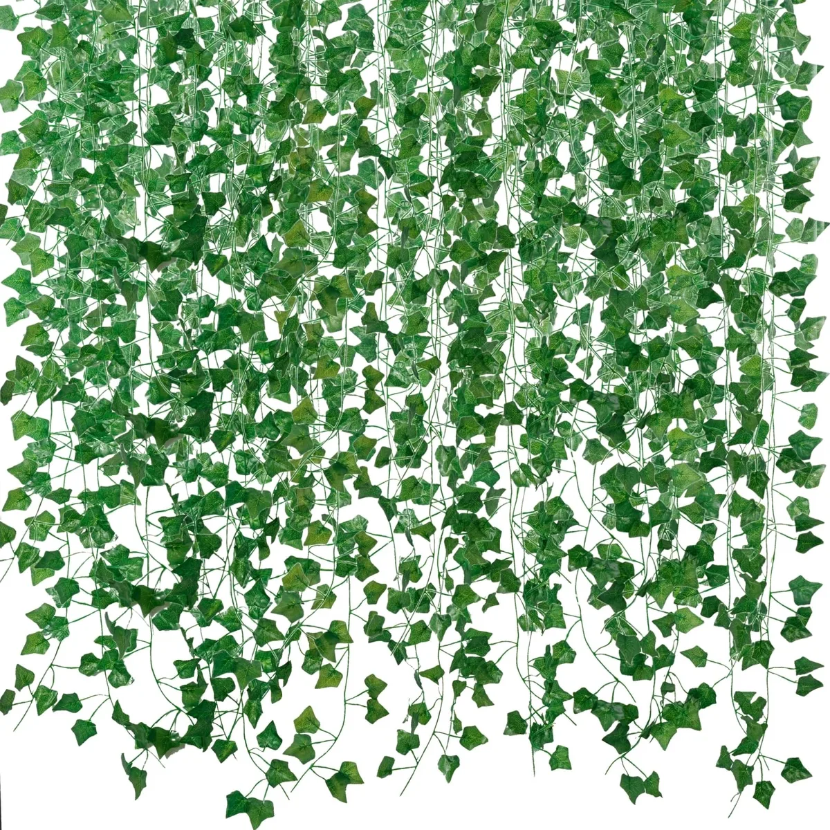 Twelve green ivy garlands, silk leaves on plastic stems, coiled in packaging