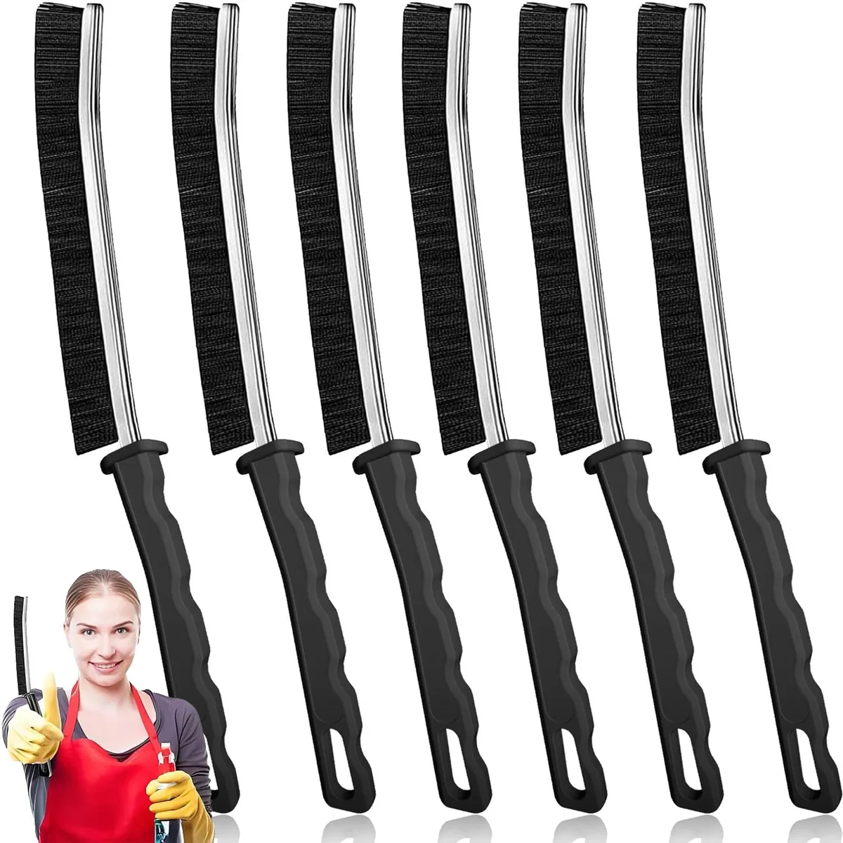 Six narrow brushes with stiff nylon bristles and contoured handles