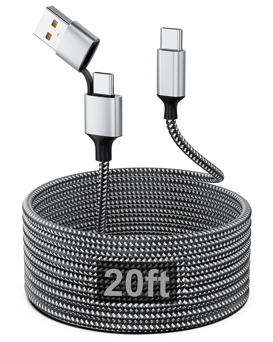Twenty-foot braided USB-C cable with attached USB-A adapter, male-to-male connectors