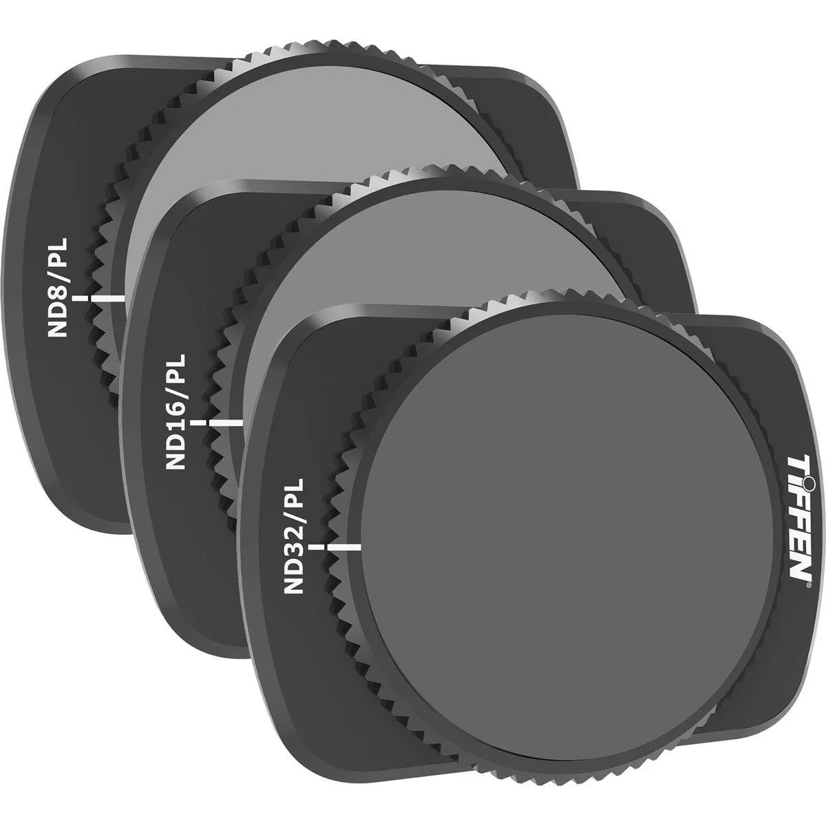 Three small circular camera filters in black frames