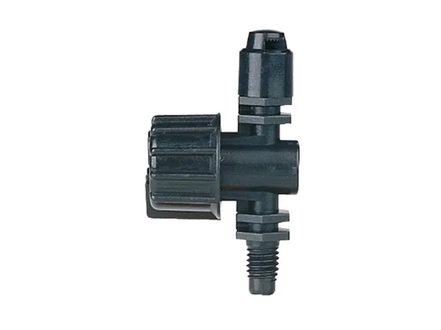 Two small black plastic micro-spray nozzles with stakes and threaded fittings