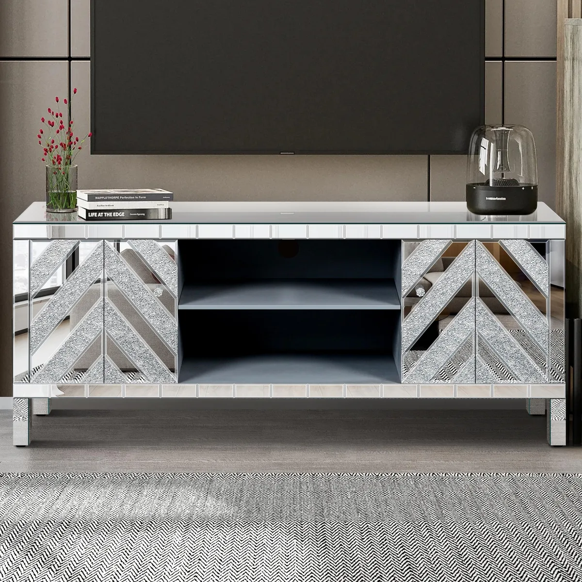 tuphen tuphen 47 Inch Mirror TV Media Console Diamond Glass Doors Silver — product photo