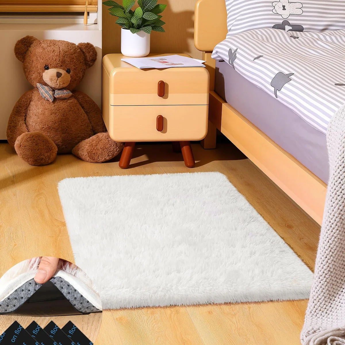 Cream rectangular polyester rug, 1.7 inch pile, anti-slip dots on back