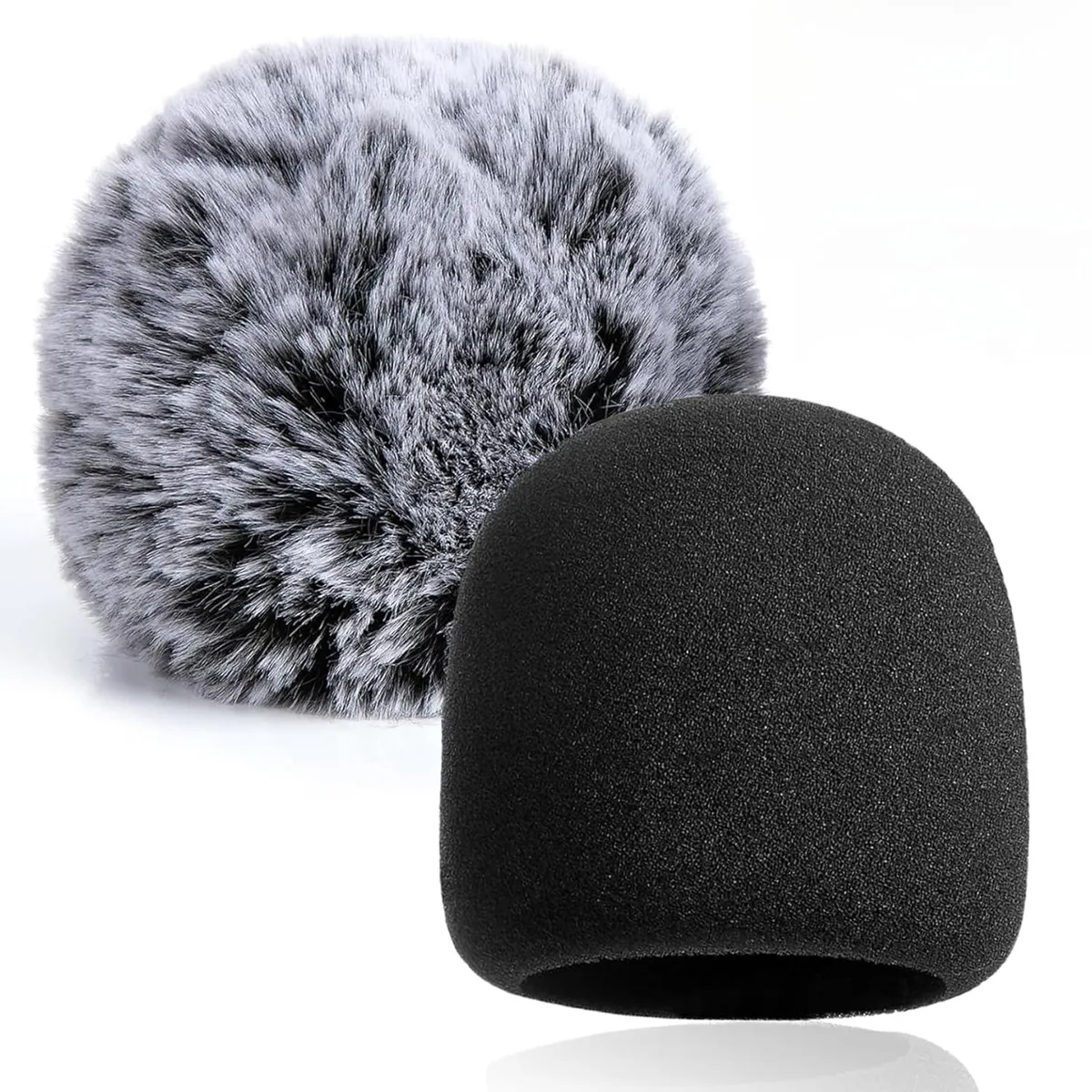 Two pop filters, one black foam and one grey furry windscreen, side by side