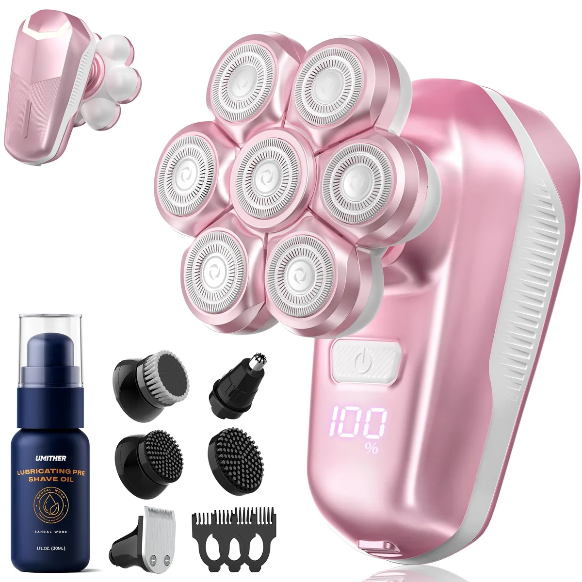 Pink rotary electric shaver with magnetic floating heads and multiple attachments