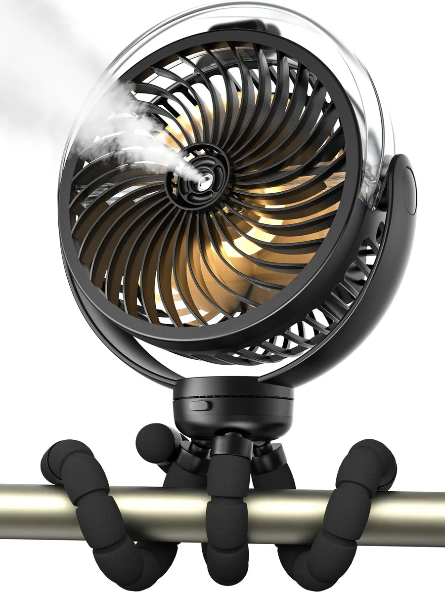 Silver portable misting fan with flexible tripod and 360° pivoting head
