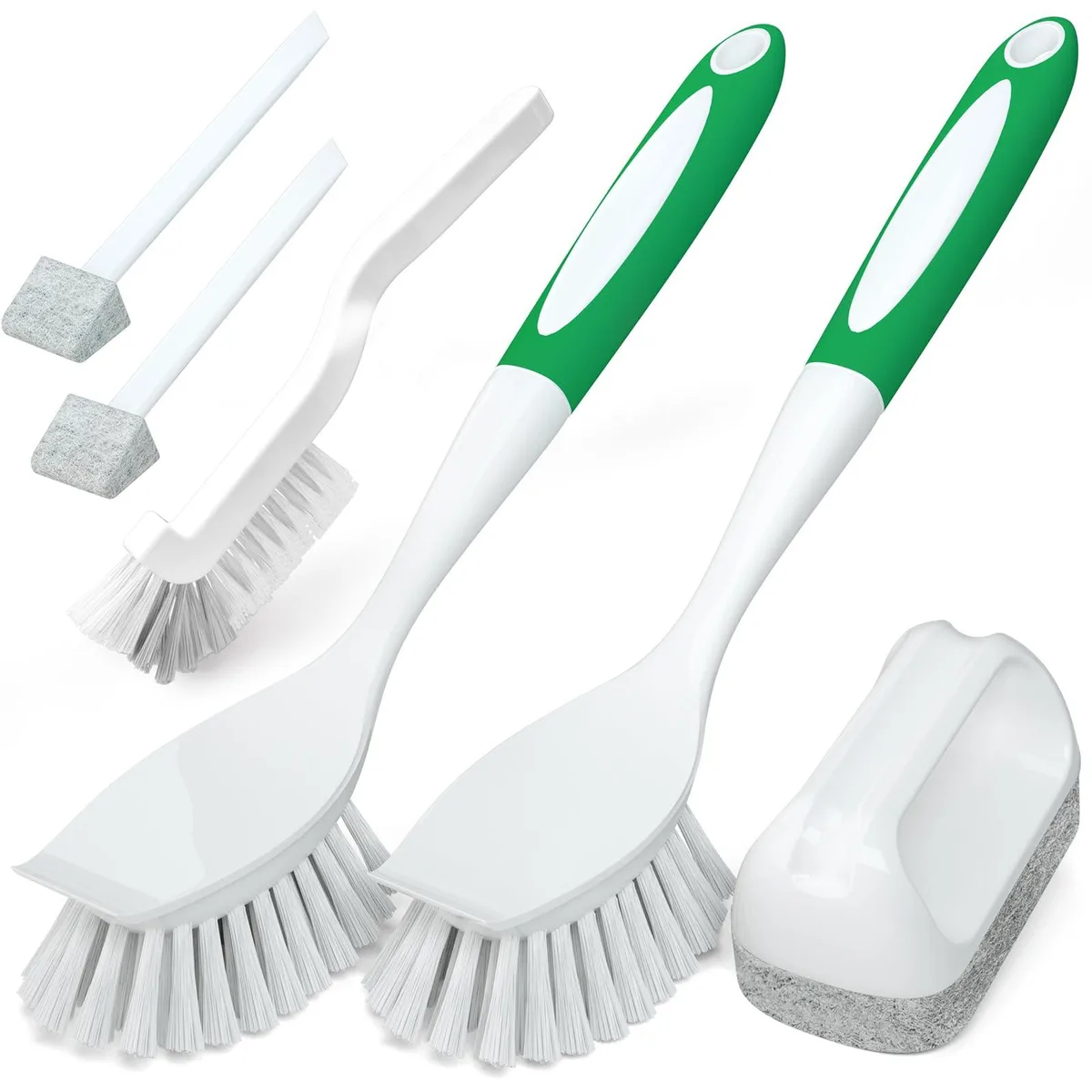 Green six-piece dish brush set with groove gap brushes and scraper, 6.2 by 8.6 by 30.1 cm, 0.27 kg
