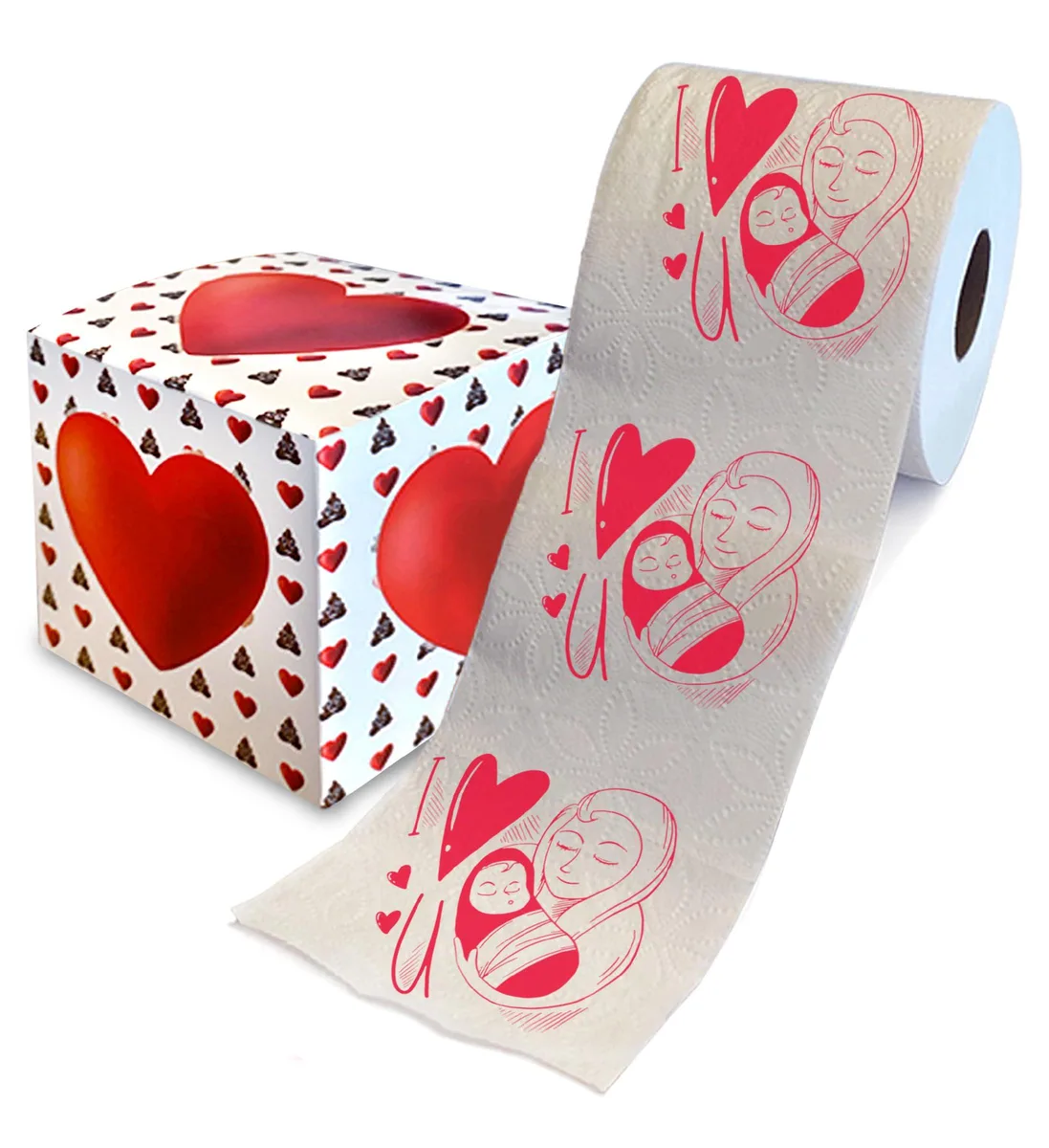 Red printed toilet paper roll in gift box, 500 sheets 2-ply .5 in core