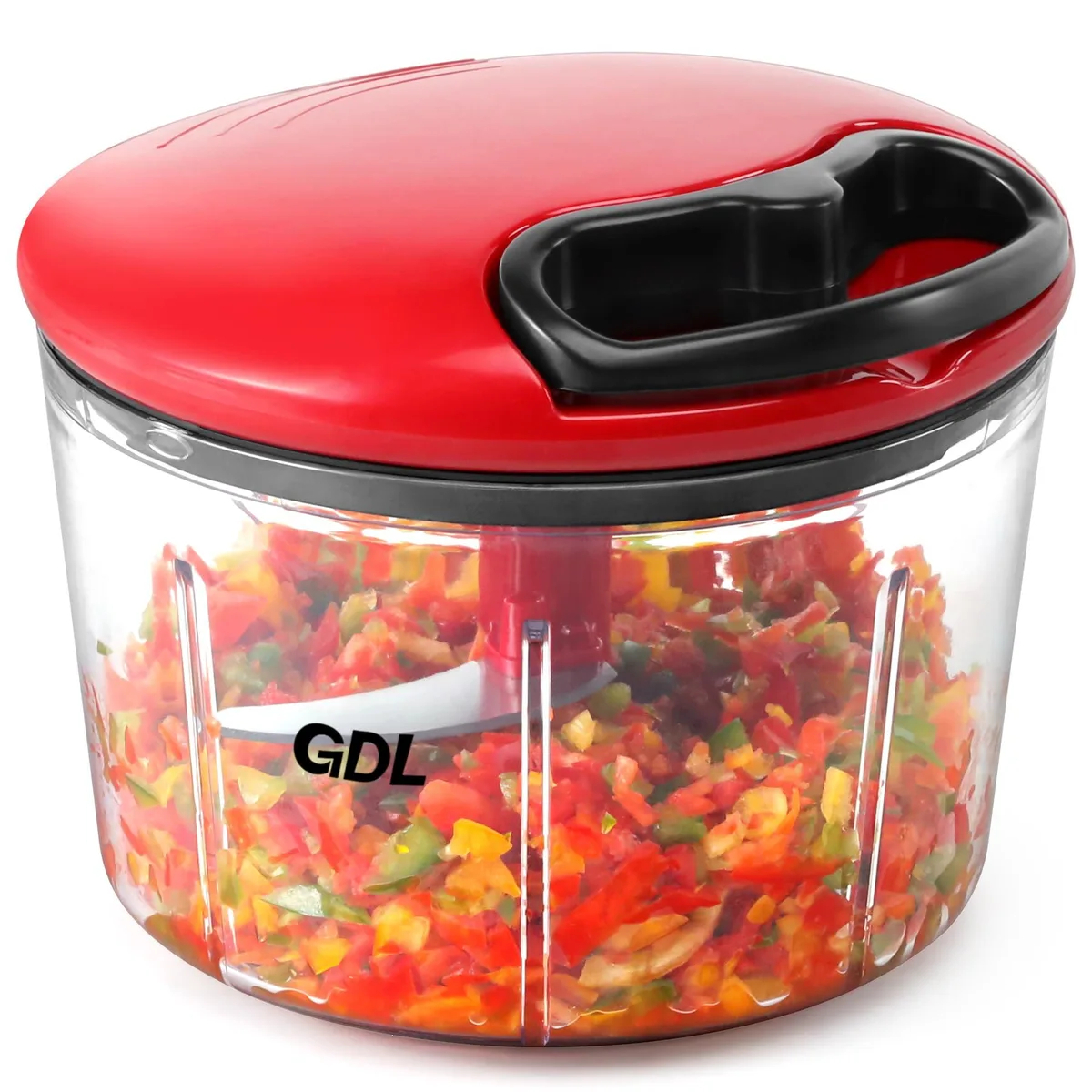 Red manual food chopper with transparent bowl and pull cord