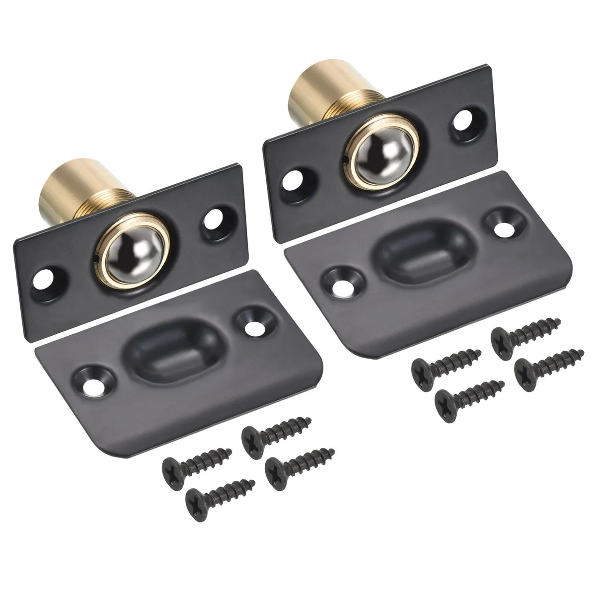 Two black metal ball catches with rectangular strike plates and mounting screws