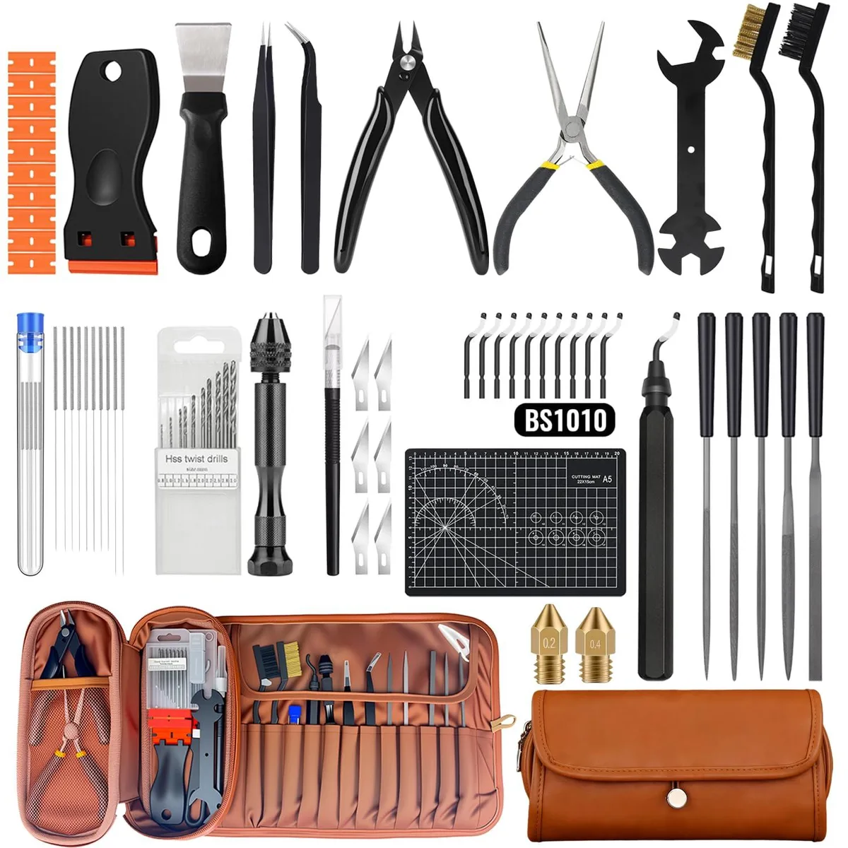 Creality 66-piece 3D printer tool kit in storage case with scrapers, files, brushes, needles, nozzles, tweezers and hand drill