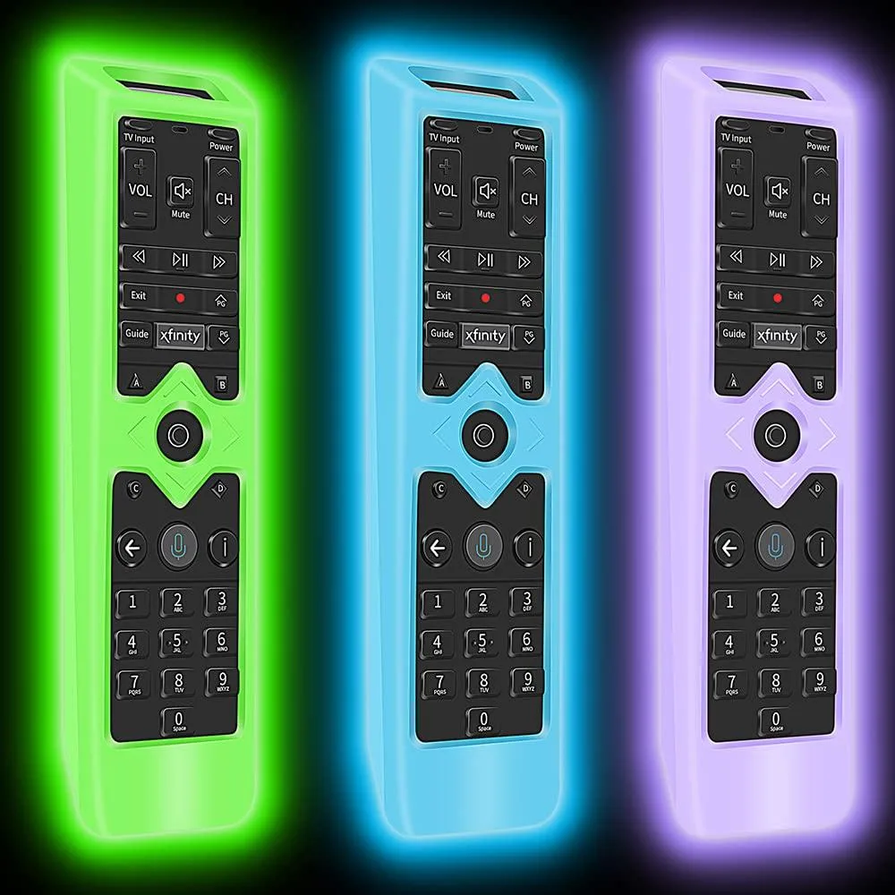 Three glow-in-the-dark silicone sleeves for XR15 voice remote in blue green purple