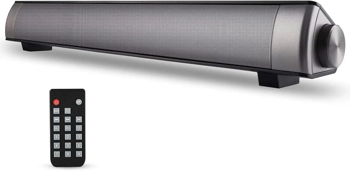Black rectangular sound bar with rounded edges, 120×120×25 mm, matte finish