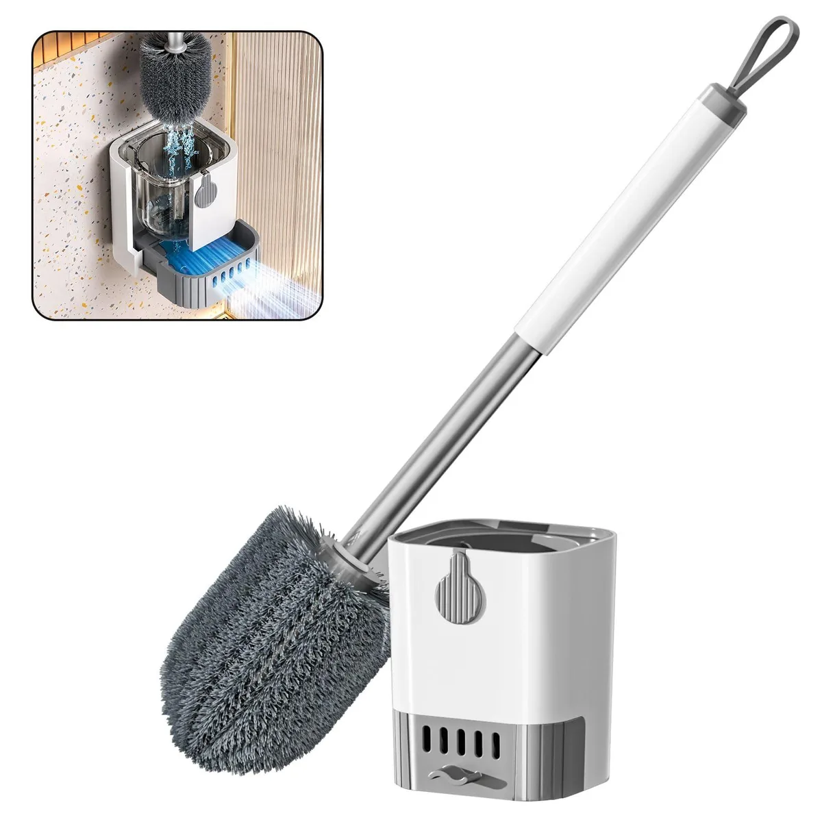 Toilet brush with flexible head in ventilated self-draining holder