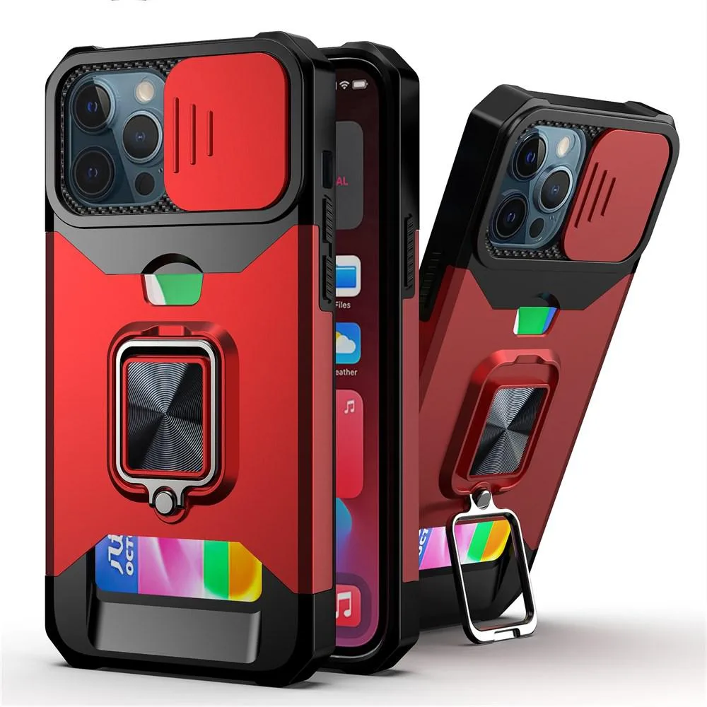 Red rugged TPU case for iPhone 13 Pro Max with rotating ring kickstand slide lens cover and card slot