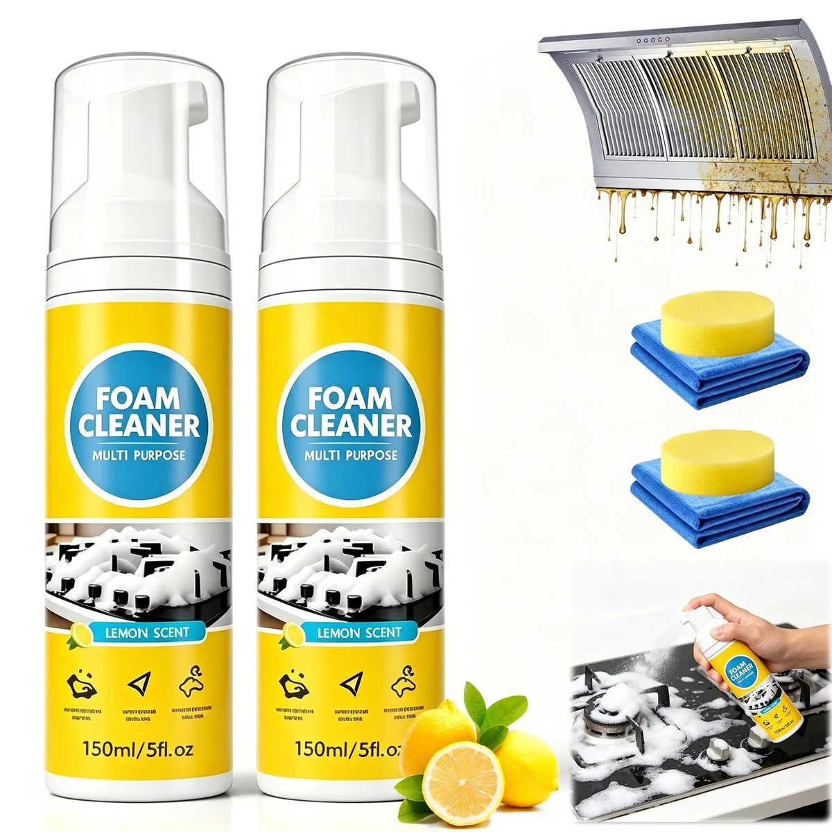 Two 150ml foam cleaner cans with sponge and towel